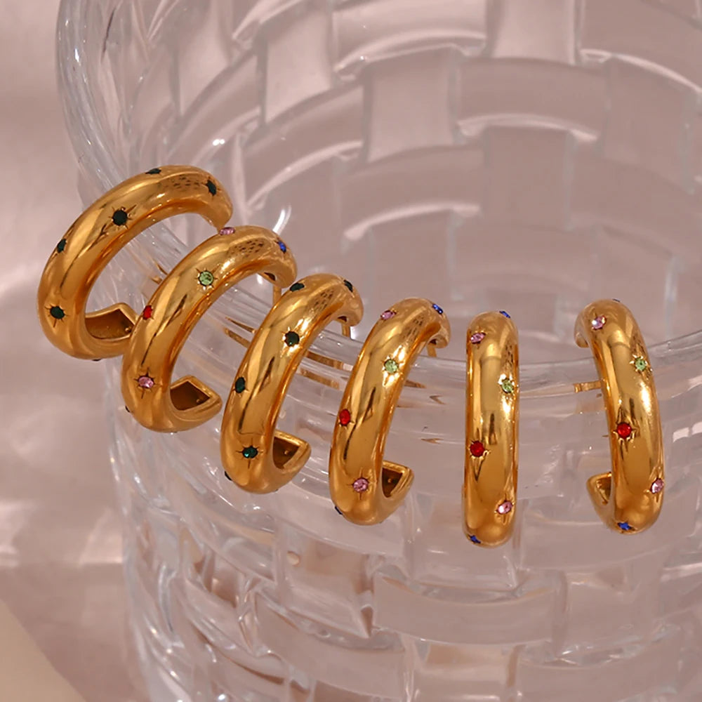 E B belle Official Store Stainless Steel Green Colorful 3A Zircon Stone Paved Hoop Earrings For Woman Golden Earring
