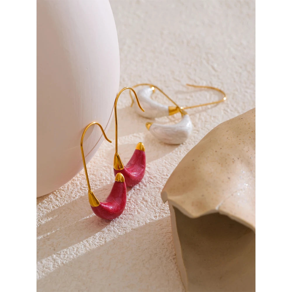Yhpup New Popular Red White Enamel Metal U Shape Geometric Hoop Earrings for Women Stainless Steel Exquisite Daily Jewelry Gift