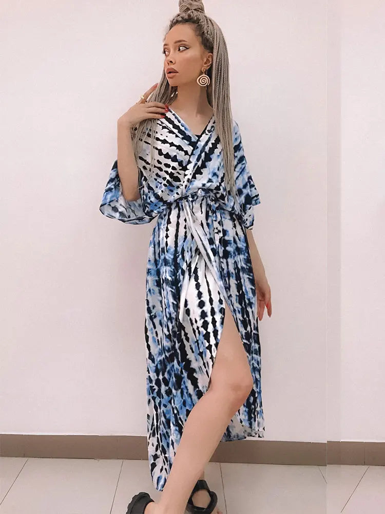2023 Bikini Cover-ups Black Retro Striped Self Belted Women Summer Clothing Kimono Dress Beach Wear Swim Suit Cover Up Q1225