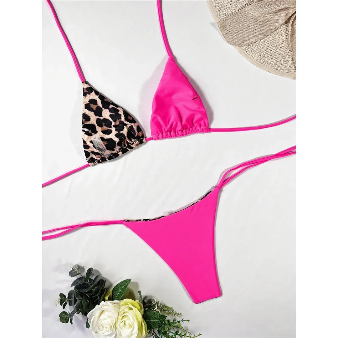 Halter Splicing Leopard Bikinis 2025 Satin Bikini Female Swimsuit Women Swimwear Two-pieces Bikini Set Micro Bathing Suit Swim