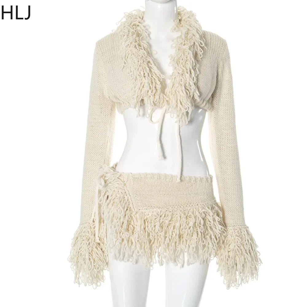 HLJ Sexy Knit Tassels 2 Piece Sets Woman Outfit Long Sleeve Lace-Up Cardigan Tops + Mini Skirts Suits Female Streetwear Clothing