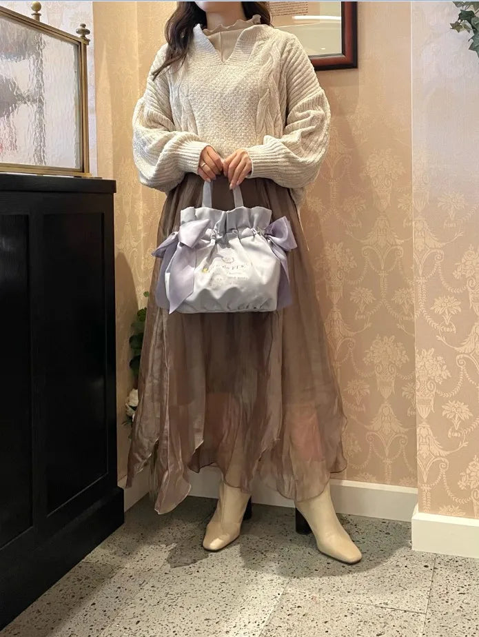 Japanese Style New Double-Sided Drawstring Bags Sweet Cute Girl Ladies Satin Bow Crossbody Shoulder Portable Handbag