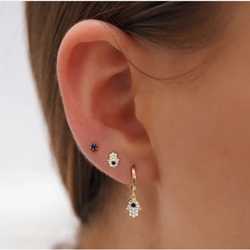 LENNIK 925 Silver Vintage Cute Fatima Hand Small Hoop Earrings For Women Chic Trendy Eye Palm Pendant Mini Stud Earrings Jewelry