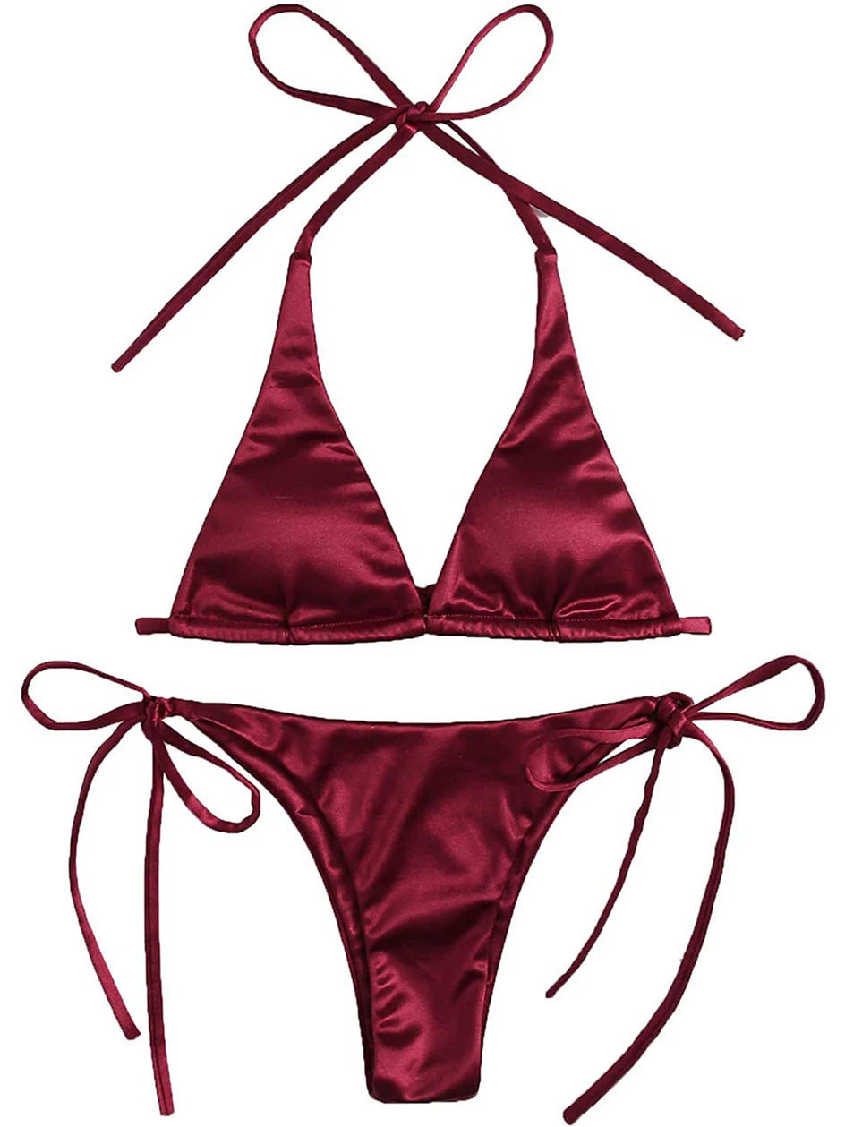 Metallic Halter Triangle Bikini 2023 Swimsuit Women Swimwear Female Bathing Suits Brazilian Thong Micro Bikinis Set Beach Wear