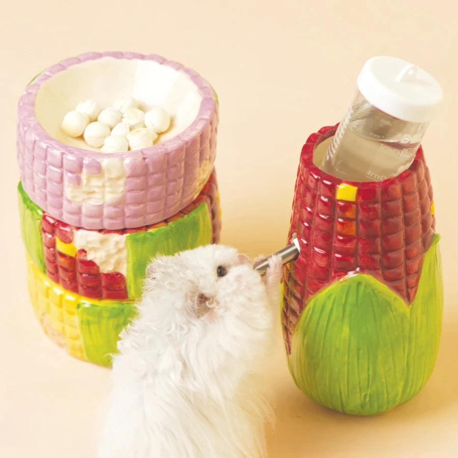 Corn-Shaped Ceramic Hamster Hideout Food Water Bottle Holder for Hamsters Gerbils Small Pets for Summer Cooling Cage Decoration