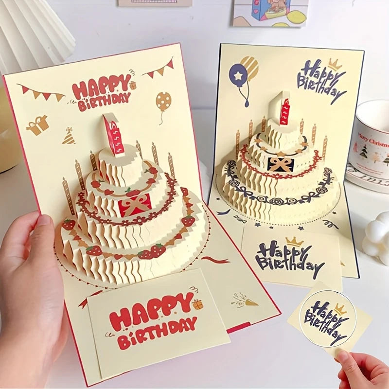 3D Happy Birthday Card Christmas Gift Card Birthday Cake Pop-Up Greeting with Envelope Christmas Invitation Cards