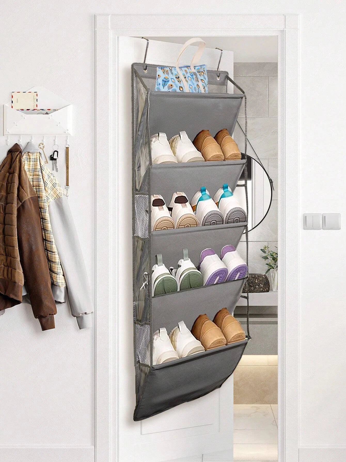 1pcs 5-Layer Over The Door Hanging Shoe Organizer, Gray Non-Woven Fabric Shoe Storage Hanging Bag,Hanging Shoe Rack