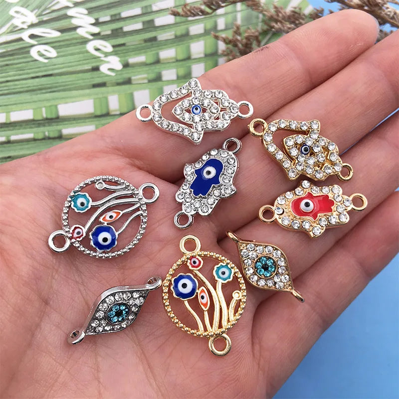 KC 2 Holes Connector Rhinestone Evil Eye Charm For Jewelry Making DIY Bracelet Necklace Bangle Accessories Supplies Wholesale