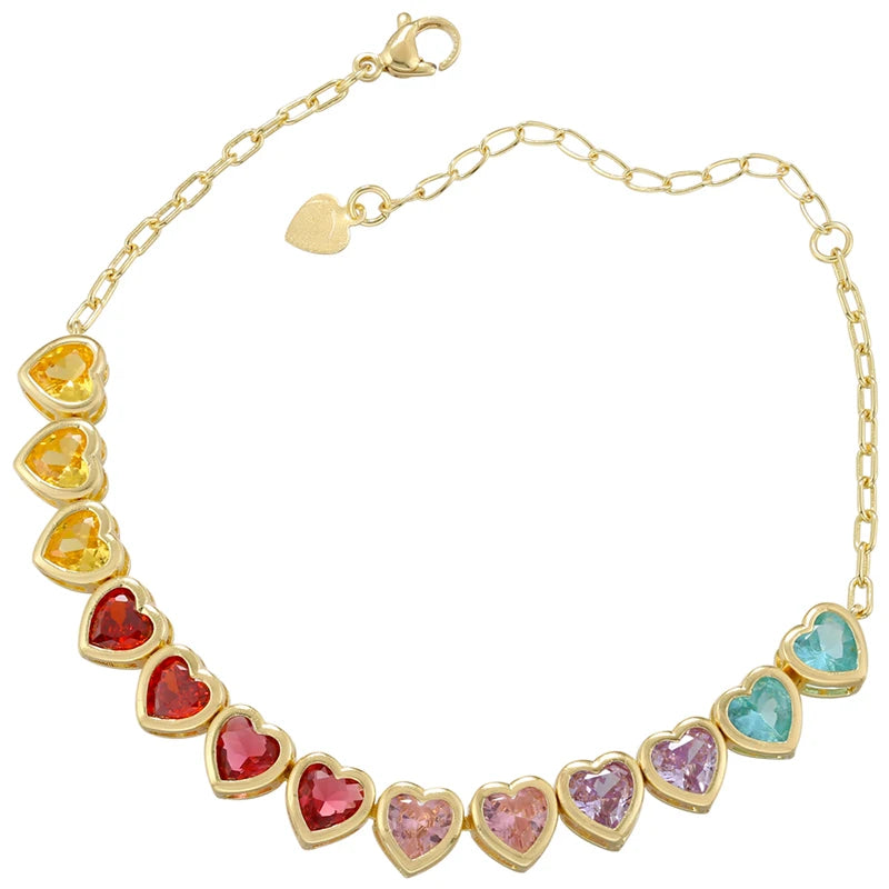 ZHUKOU Heart Rainbow bracelet for women 6 colors CZ stones necklace for women Summer adjustable jewelry sets wholesale VL333