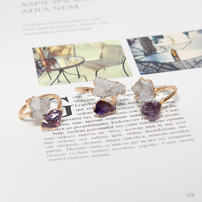 Irregular Druzy Stone Amethyst Open Ring Golden Handmade Crystal Cluster Finger Jewelry Adjustable Size