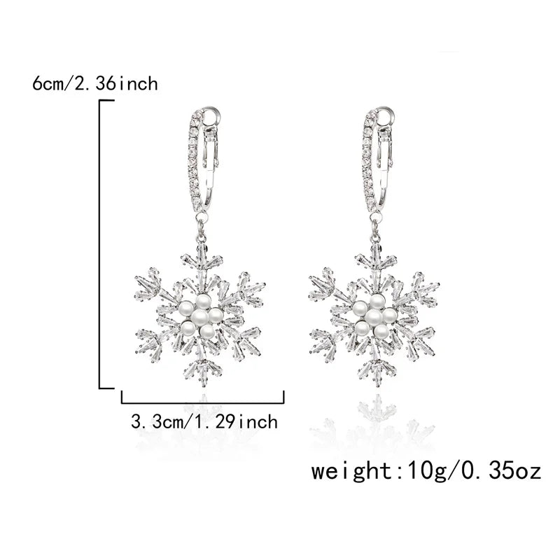 New Shiny Snowflake Earrings for Women Unique Imitation Pearl Long Chain Rhinestone Retro Pendant Earrings Fashionable Jewelry