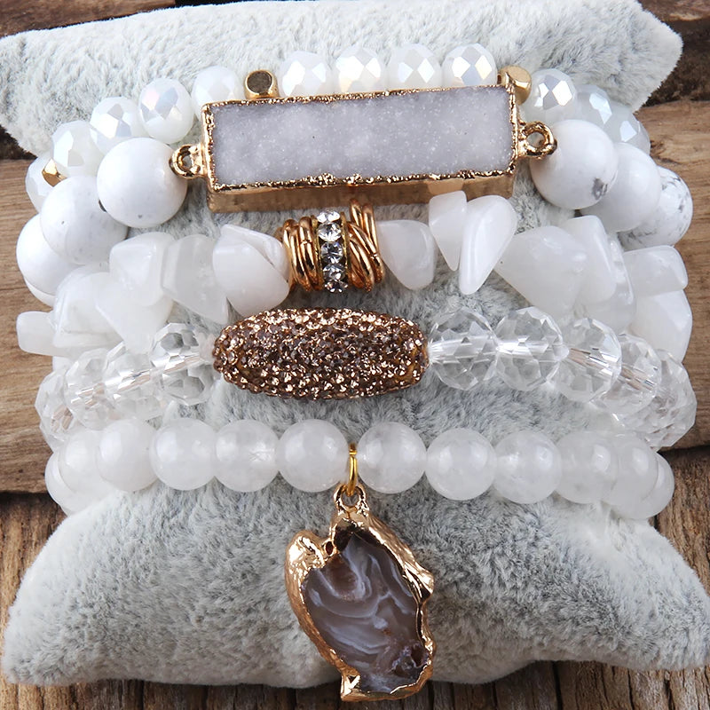 Fashion Designer Gemstone Crystal Glass Beaded Bracelet Sets Druzy Charm 5pc Stack Bracelet Bracelets Set For Women Jewelry Gift