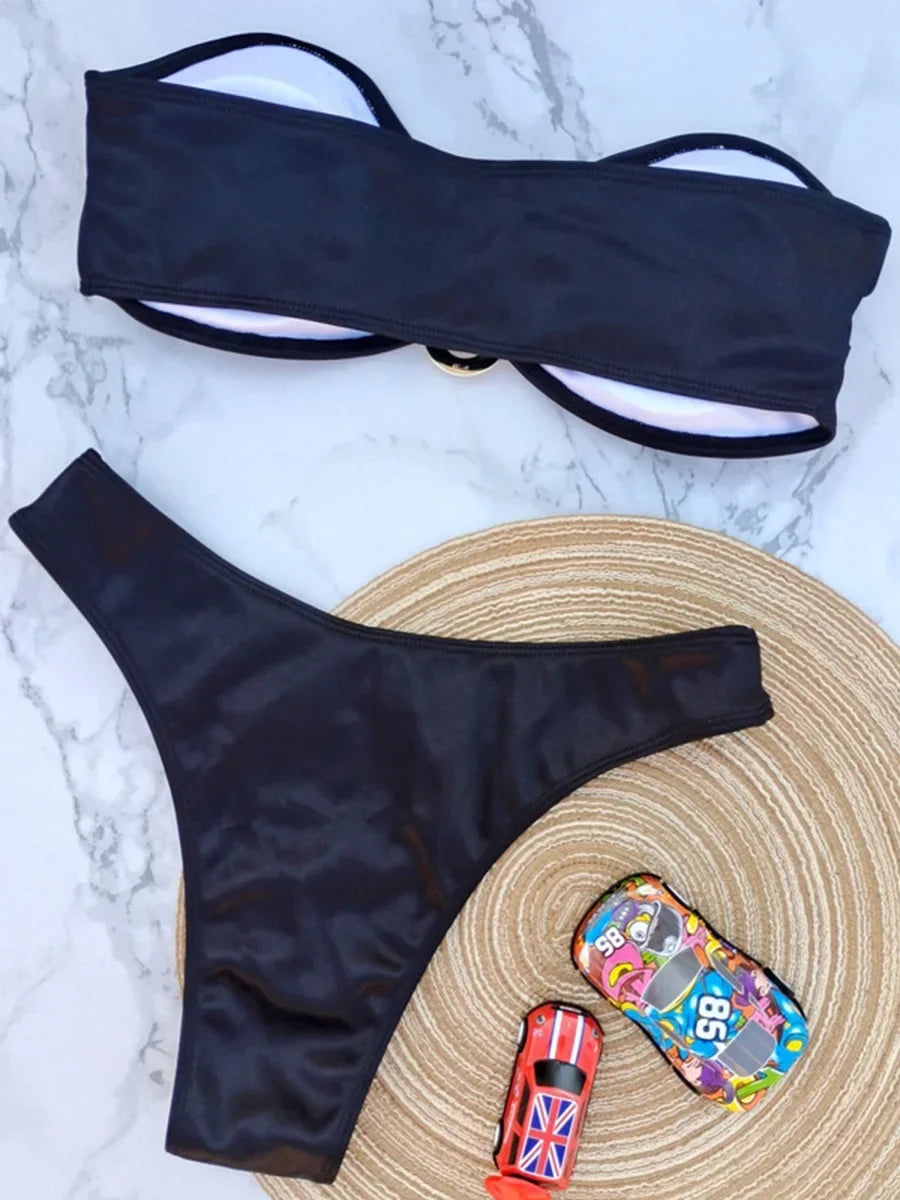 Shiny Bandeau Bikinis 2025 Strapless Bikini Female Swimsuit Women Swimwear Two-pieces Bikini Set High Cut Bathing Suit Swim Lady