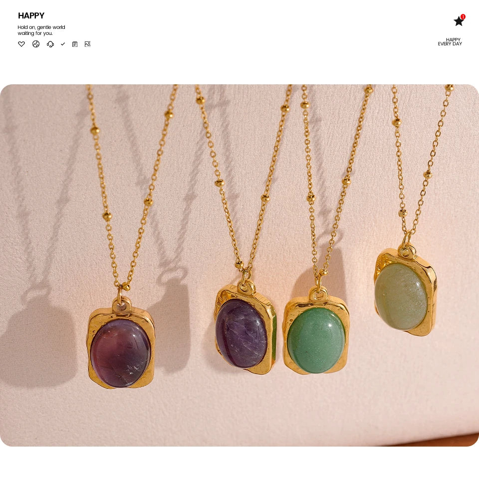 Yhpup Natural Stone Square Pendant Stainless Steel Necklace Amethyst Green Aventurine Charm Fashion Collar Jewelry  Women