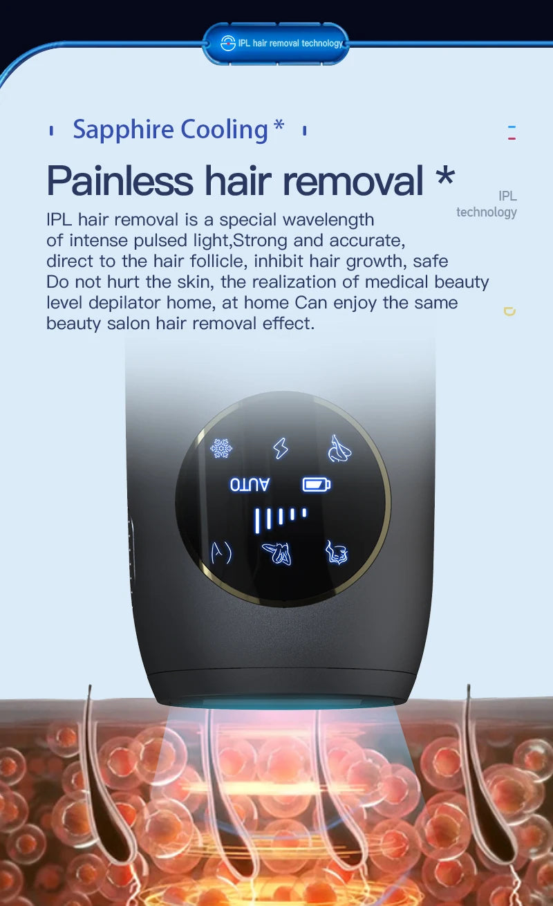 Rechargeable Laser Hair Removal Sapphire Cooling  Auto Permanent Painless Bikinis Trimmer in Home Icy Cold Wireless IPL Epilator