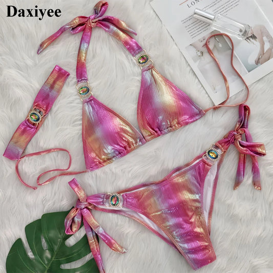 2025 New Diamond Rhinestone 3pcs Bikinis Set Crystal Patchwork Push Up Bandage Female Swimsuit with Hairband Bather Bathing Suit