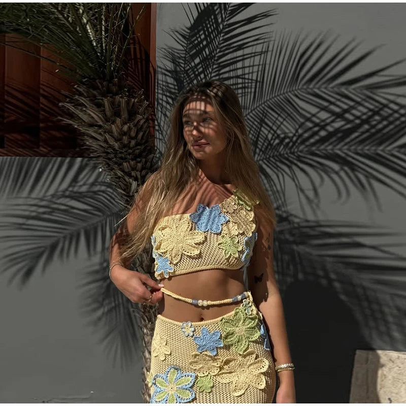 Sexy Beach Women's Set Beading Flower Crochet Crop Top Slim Maxi Skirt Female Suit 2025 Summer Hollow Out Knit Lady Dress Sets