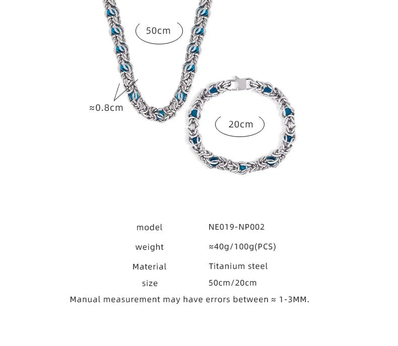 Men's Biker Punk Hip Hop Rock Jewelry Accessories Stainless Steel Byzantine Chain Braided Chain Necklace Bracelet Set