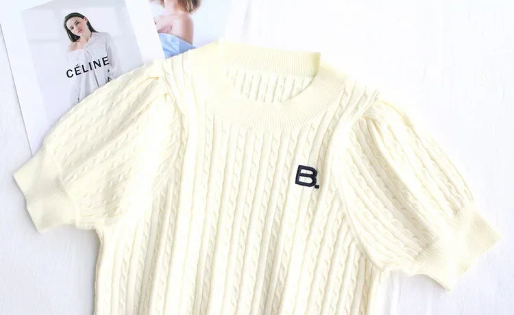 Japanese New Spring Ladies Sweet Bubble Short Sleeve Twist Knitted Top Sweater Letter Embroidered Pure Color Women's T-shirt
