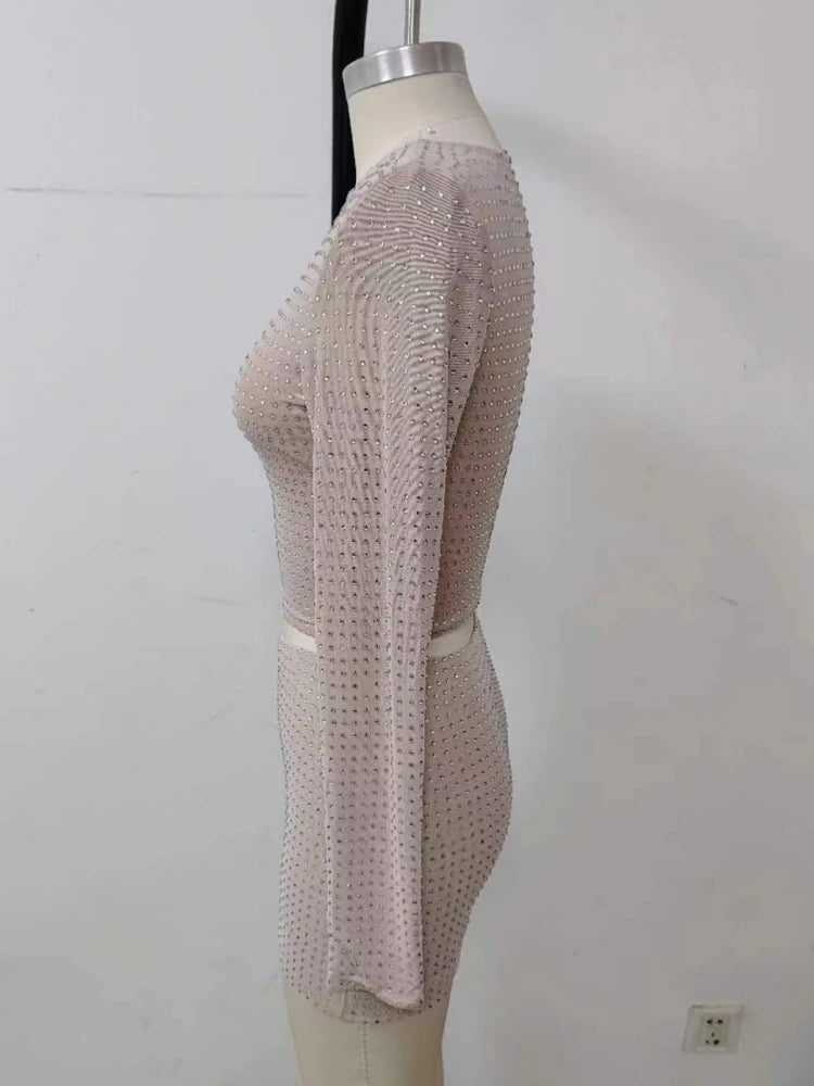 Sexy Diamonds Two-Pieces Set Women Sparkling Crystal  Long Sleeves Top + Mini Slim Skirts Suits Evening Nightclub Party Sets