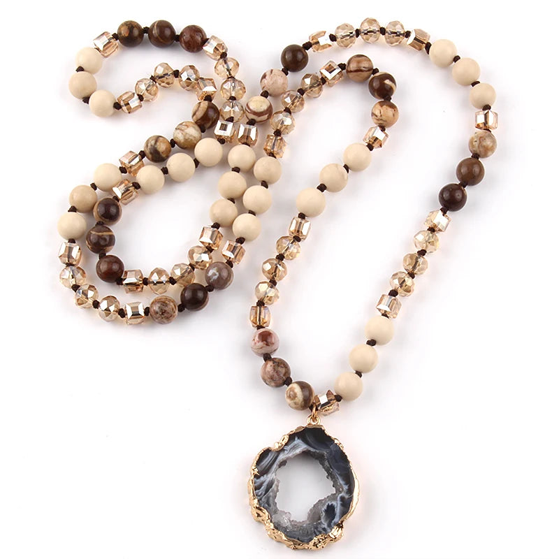 Fashion Bohemian Tribal Jewelry Crystal / Stone Long Knotted Irregular Druzy Stone Pendant Necklaces For Women