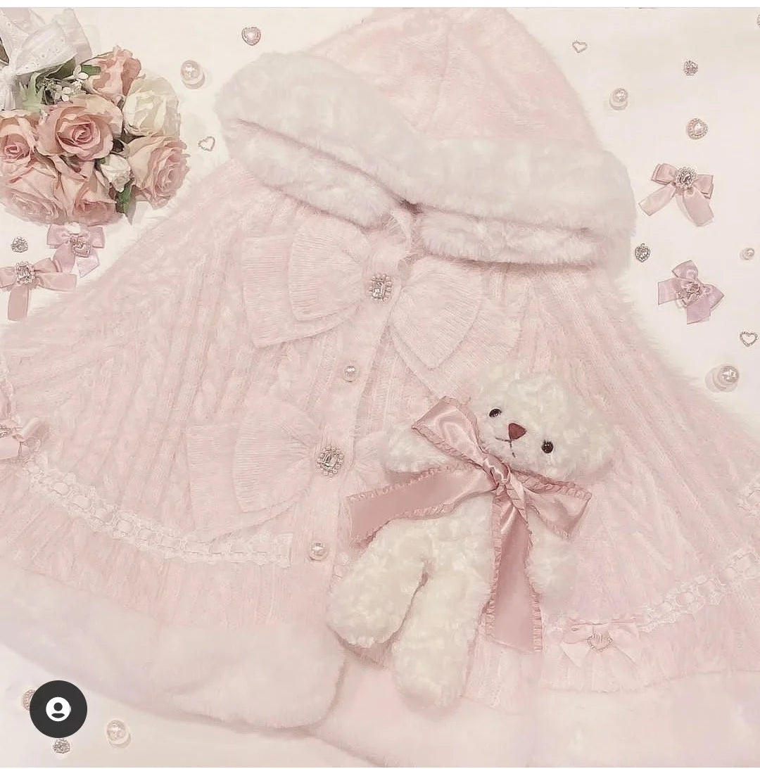 Japanese Sweet Soft Thick Women's Double-Layer Big Ribbon Hooded Knitted Cloak 3 Colors Autumn and Winter Ponchos Warm Jacket