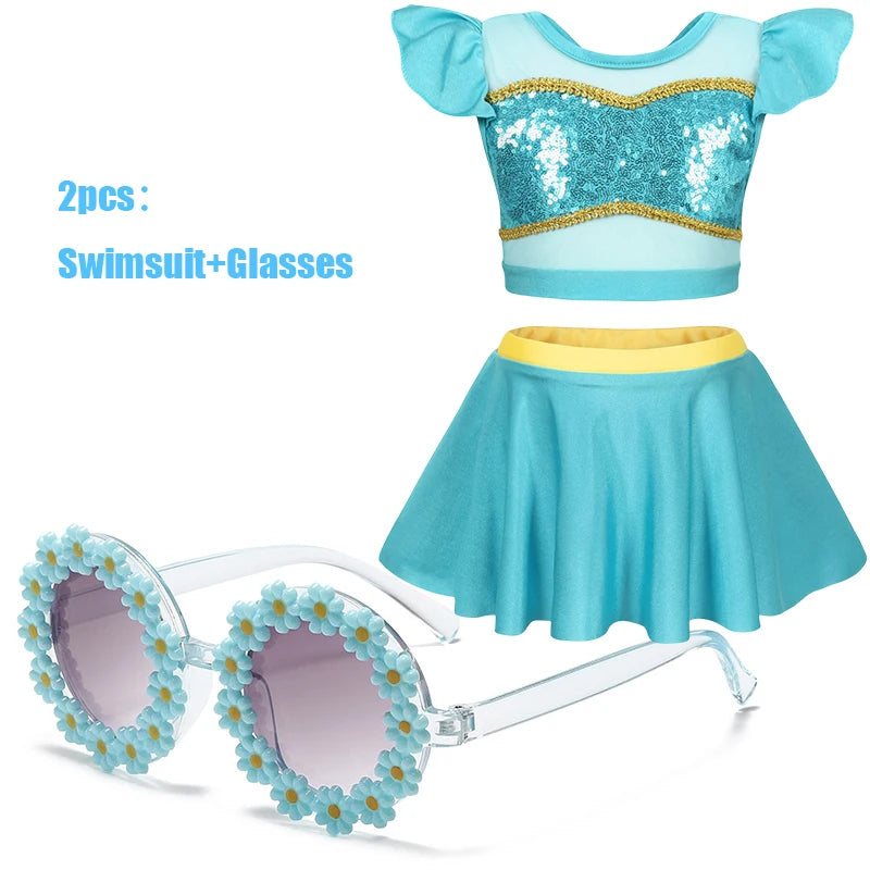 2025 Girls Two Piece Swimsuit Anna Elsa Belle Swimwear Princess Bodysuit Swimwear for Girls Childrens Bikini Beachwear Clothes