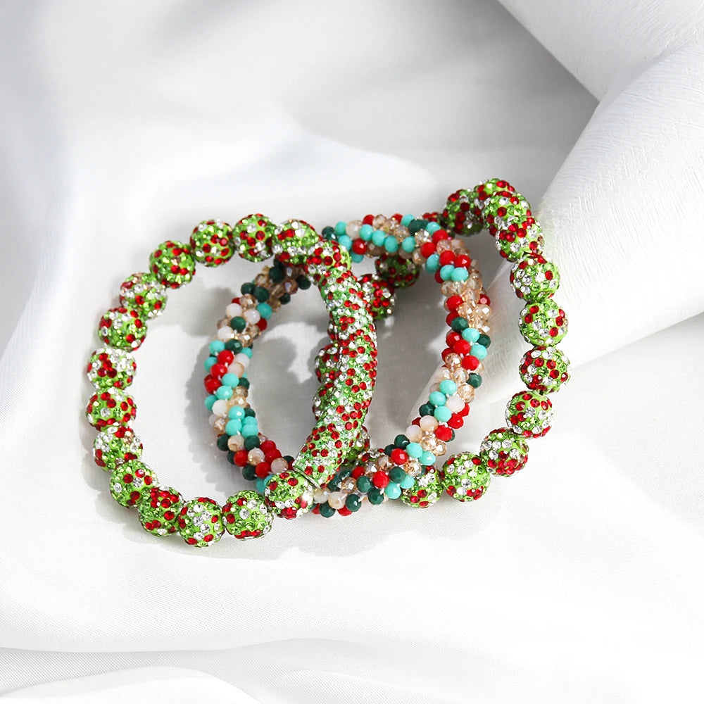 New American Independence Day 3pcs Stack Bracelet Set 10mm Red White Blue Mixed Rhinestone Ball Glass Beaded Elastic Bracelet