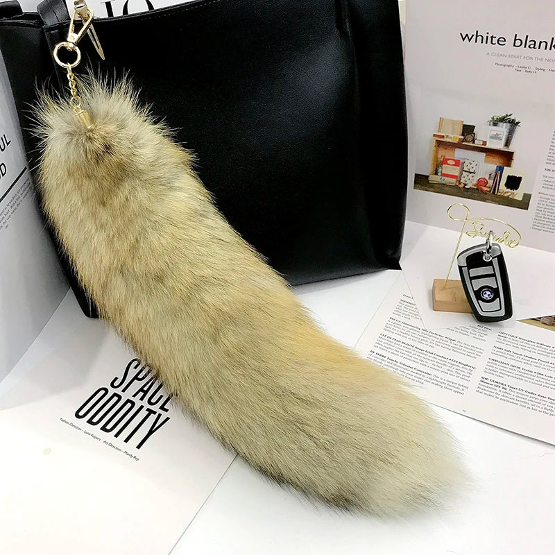 Naturally Fashion Fox Tail Keychain Wolf Tail Fur Tassel Bag Tag Black And Brown Charm Keyring Pom Pom Holder Strap Chain Gifts