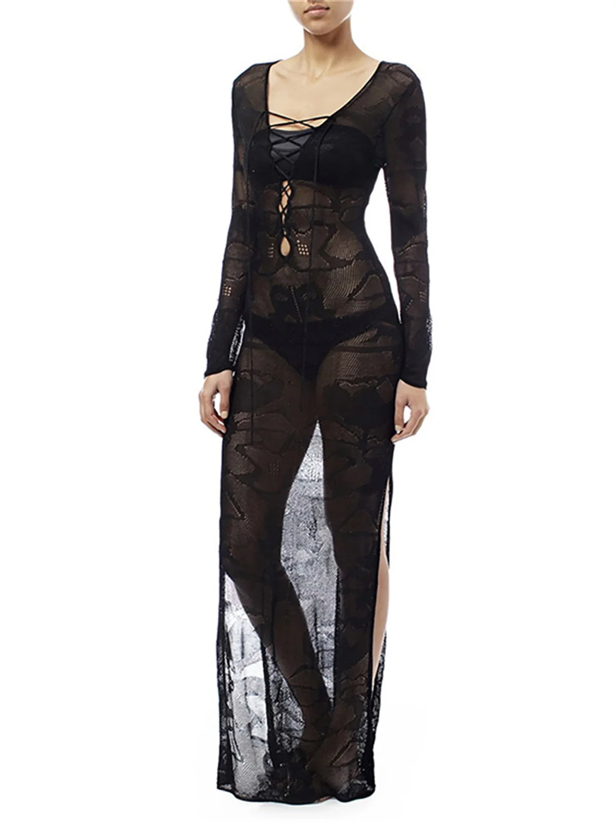 Deep V Dress Lace Up Long Sleeve Women Split Maxi Dress Crochet Knitted Tunic Mesh Sheer Sexy Bodycon Long Dress Vestido V4146B