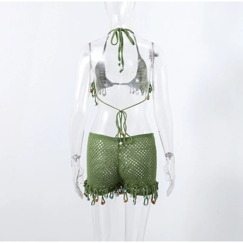 Sexy Beach Knit Women's Sets Crochet Flower Bikini Mini Skirt Female Suits 2025 Summer Halter Sleeveless Backless Top Skirts Set