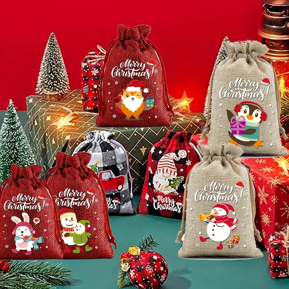 12 Pieces Christmas Gift Bags with Drawstring Christmas Linen Bags for Advent Calendar Fabric Bag Cookie Candy Pouch
