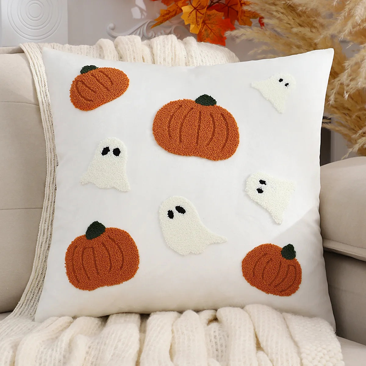 White Halloween Pillowcase Funda Cogines De 45x45 Pumpkin Velvet Embroidery Thanksgiving Decoration Sofa Pillow Cushion Covers