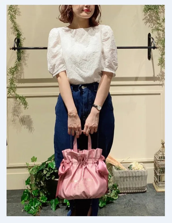 Japanese Style New Double-Sided Drawstring Bags Sweet Cute Girl Ladies Satin Bow Crossbody Shoulder Portable Handbag