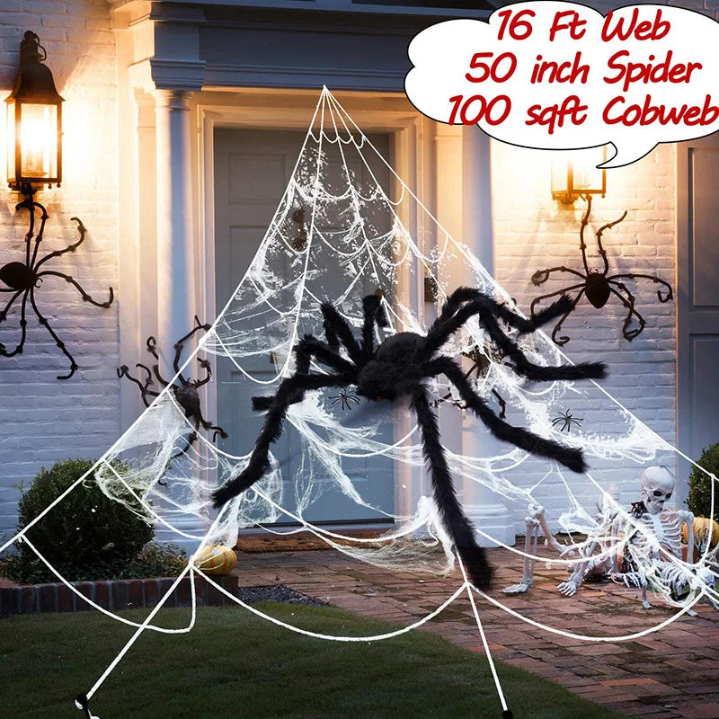 Giant Spider Huge Spider Web Halloween Decoration Props Haunted Indoor Outdoor Spooky Plush Large Araneid Prank Trick Supplies