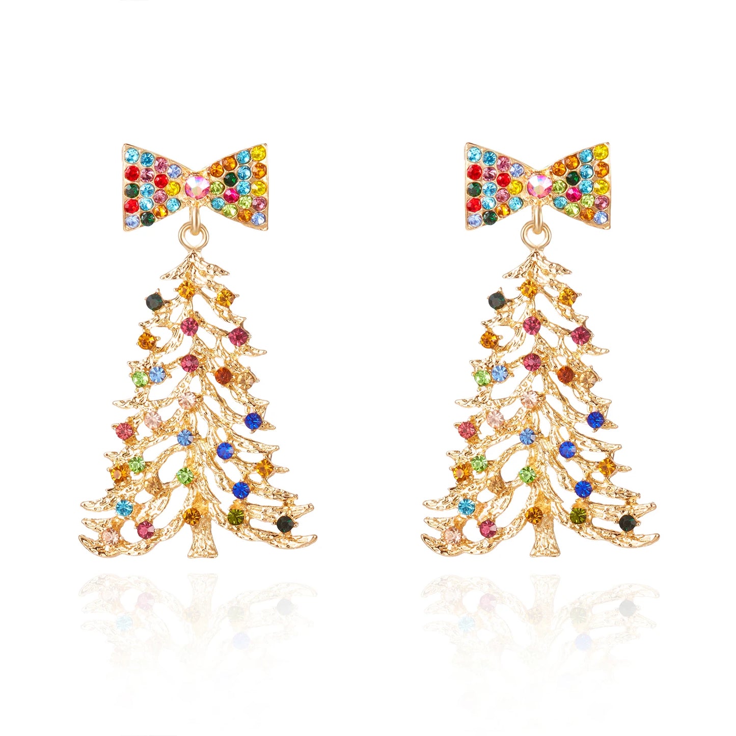 Fashion Gold Color Christmas Tree Earrings with Zircon Crystal Star Stud Dangle Xmas Jewelry for Women Party Gift