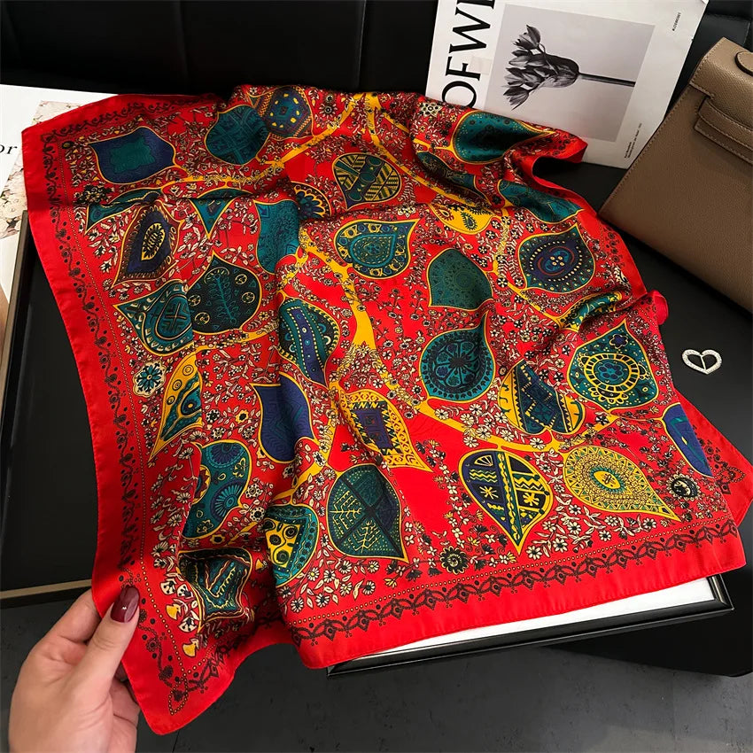 Imitated Silk Headcloth Fashion Flower Print Square Shawls Popular 70X70cm Bandanna Kerchief Sun Protection Silk Scarves Tie Bag