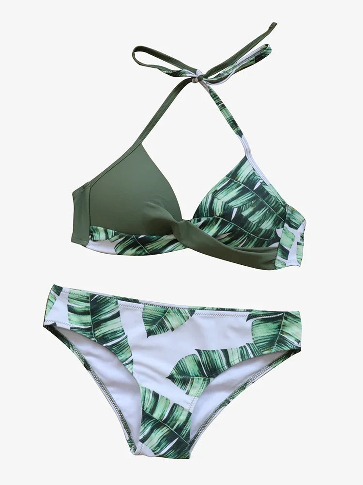 Riseado Sexy Push Up Bikinis Women's Swimsuits Leaf Print Swimwear Women  Sexy Bikini Set Bathing Suit Halter Beachwear