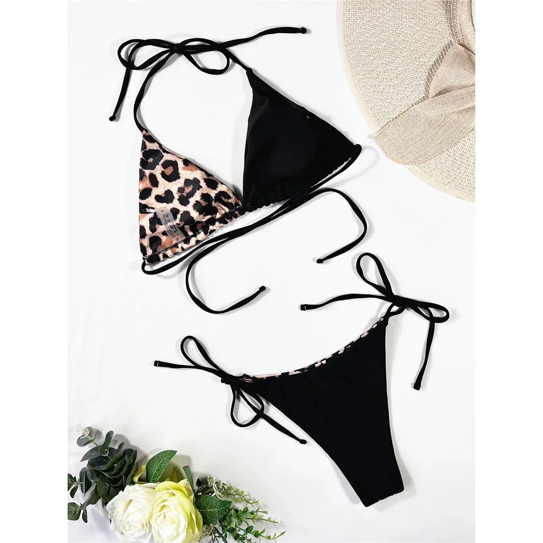 Halter Splicing Leopard Bikinis 2025 Satin Bikini Female Swimsuit Women Swimwear Two-pieces Bikini Set Micro Bathing Suit Swim