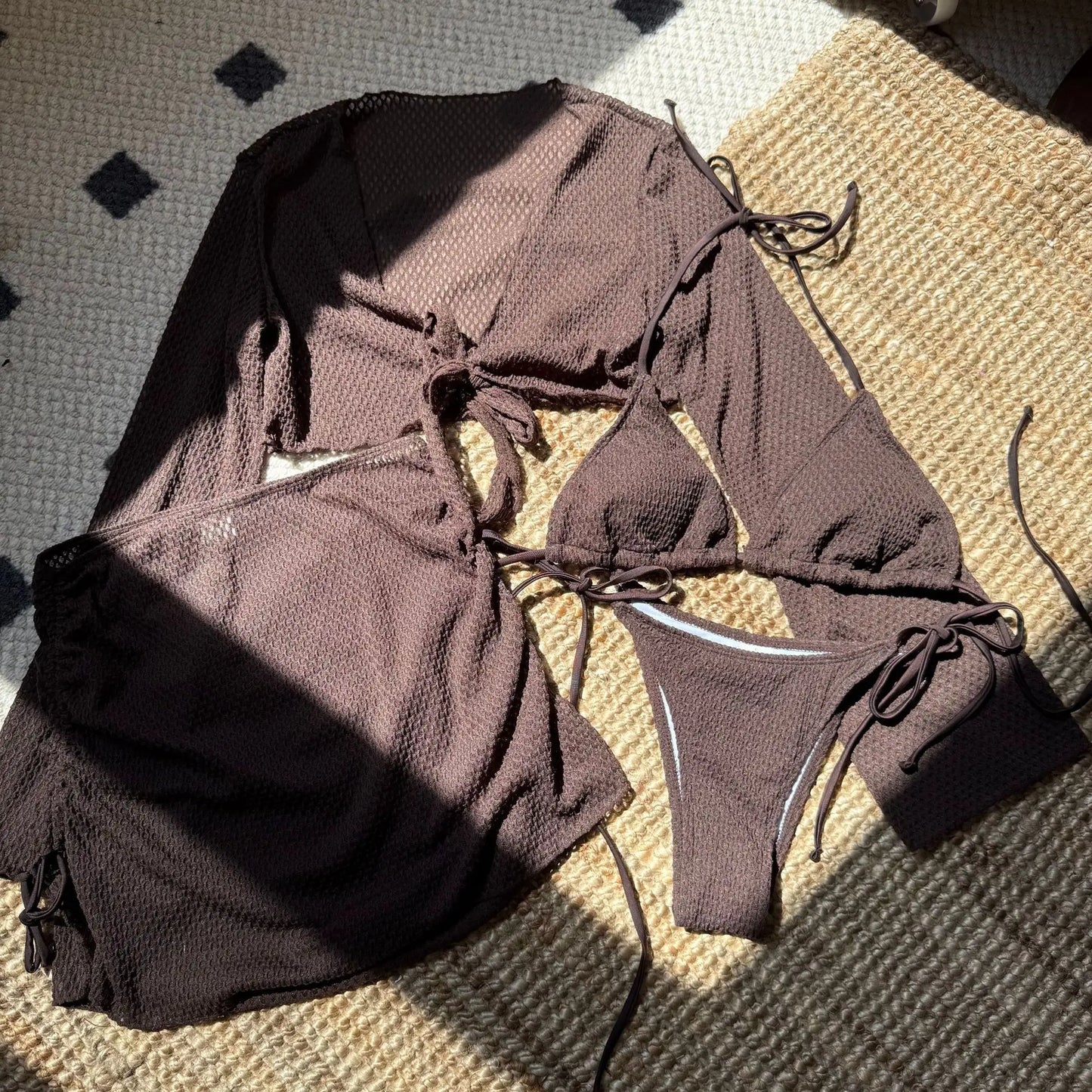 Summer Holiday 4 Piece Bikini Set 2025 Women Sexy White Long Sleeve Cover Up and Skirt Swimsuit Beach Bathing Suit Pool Swimwear