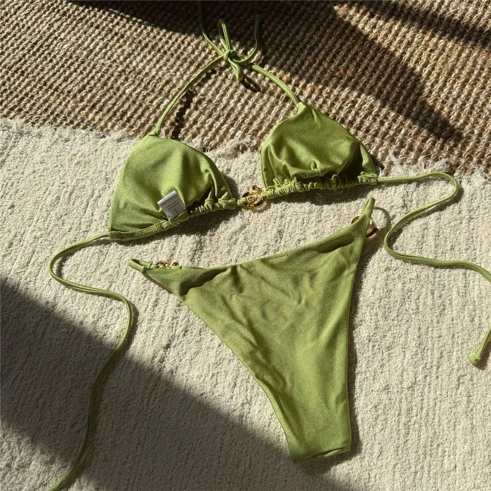 Solid Orange Swimwear Metal Ring String Halter Triangle Micro Bikini Thong Sexy Swimsuit Women 2025 Bathing Suit Bikinis Sets