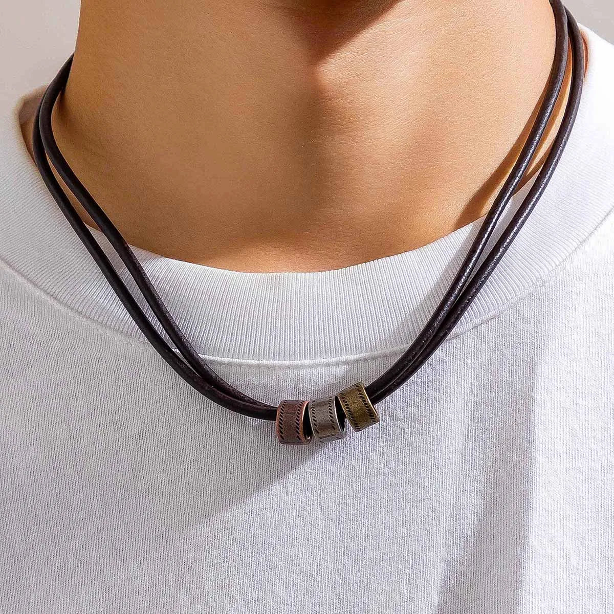 Vintage Pu Leather with Metal Beads Choker Necklace for Men Trendy Collar on the Neck Accessories 2023 Fashion Jewelry Male Gift