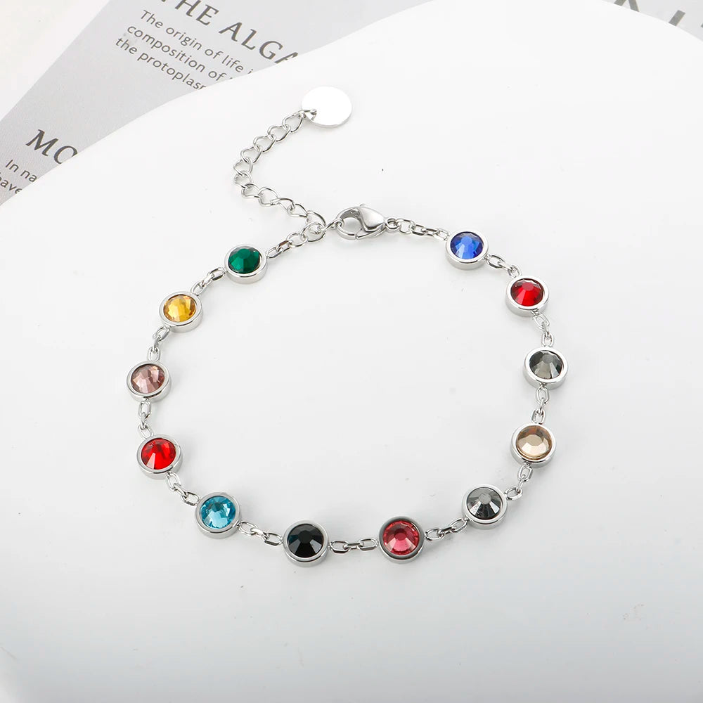 JINHUI Colorful Bejeweled Bangle Popularity TS Stainless Steel Bracelets for Women 12 Birthstones Rainbow Crystal Chain Jewelry