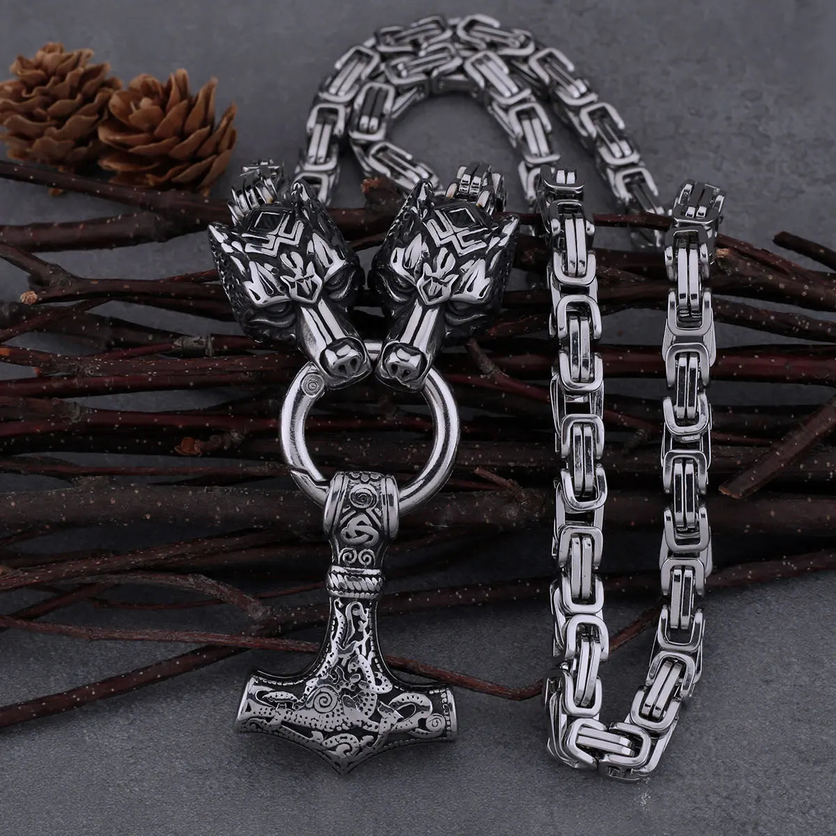 Nordic Classic Viking Thor's Hammer Men's Pendant Necklace Domineering Wolf Head Amulet Jewelry Necklace Gift