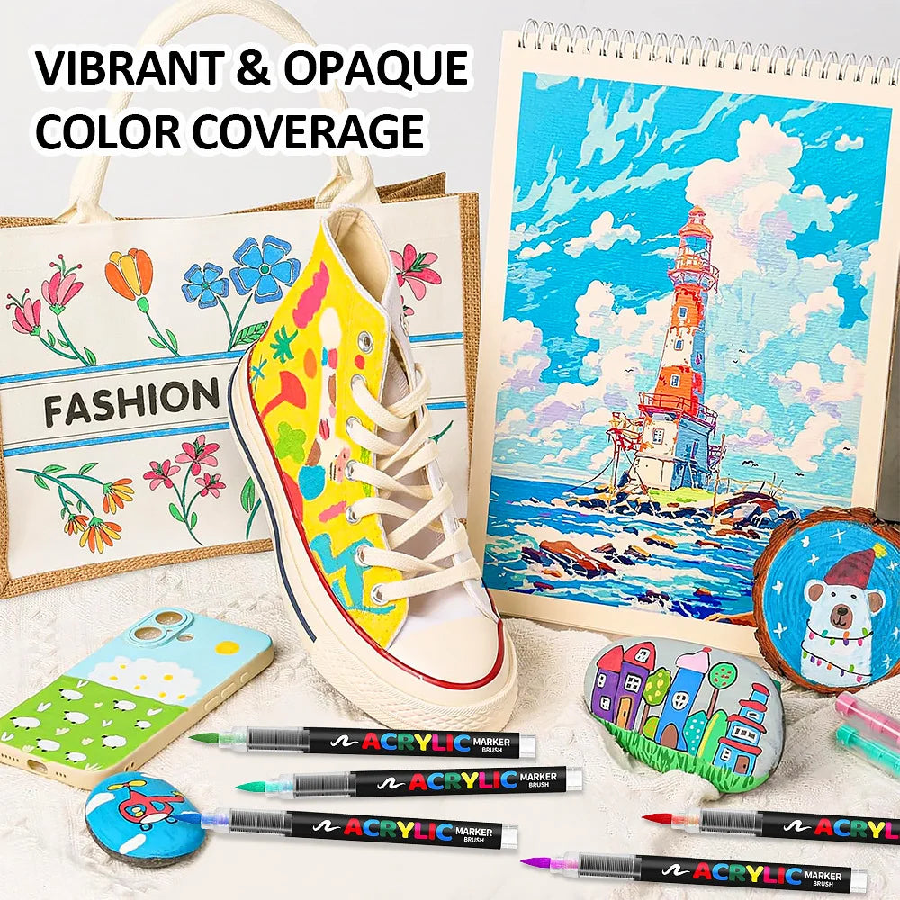 12-60 Colors Acrylic Paint Pen Marker Brush Tip Paint Marker For Rock Painting Wood Canvas Stone Christmas Gift DIY Craft