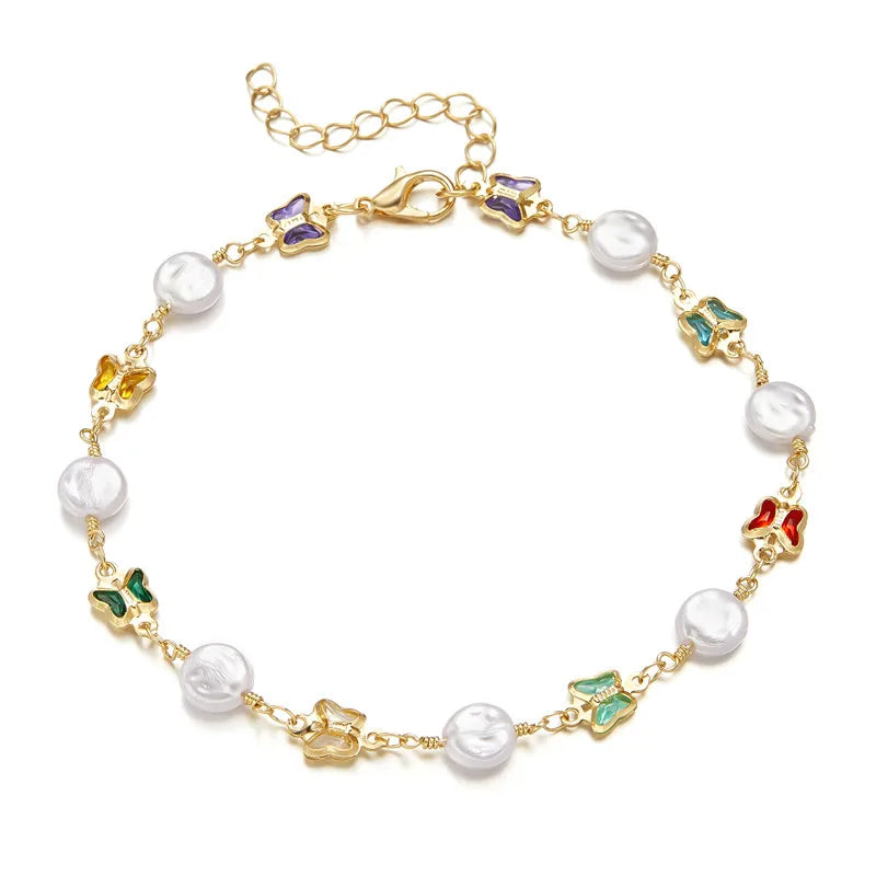 Exquisite Boho Candy Color Heart Shaped Crystal Bracelet for Women Fashion Charm Zircon Butterfly Pearl Metal Chain Bracelets