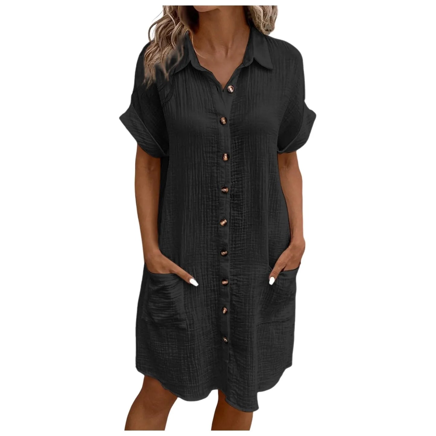 Women'S Fashion Summer Minimalist V-Neck Button Up Dress Woman Cotton Linen White Short Sleeved Pocket Casual Loose Shirt Dress