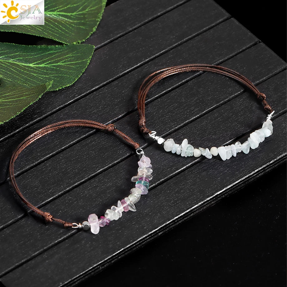 Healing Real Natural Stone Chip Bracelet  7 Chakras Pink Rock Crystal Handmade Rope Bracelet for Women Girl Small Jewelry H361