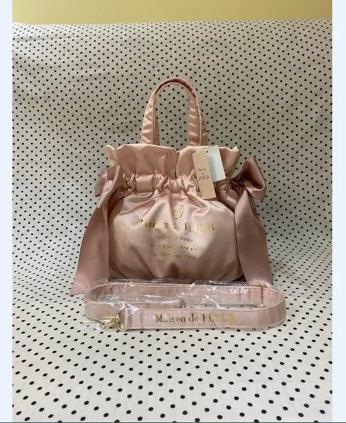 Japanese Style New Double-Sided Drawstring Bags Sweet Cute Girl Ladies Satin Bow Crossbody Shoulder Portable Handbag