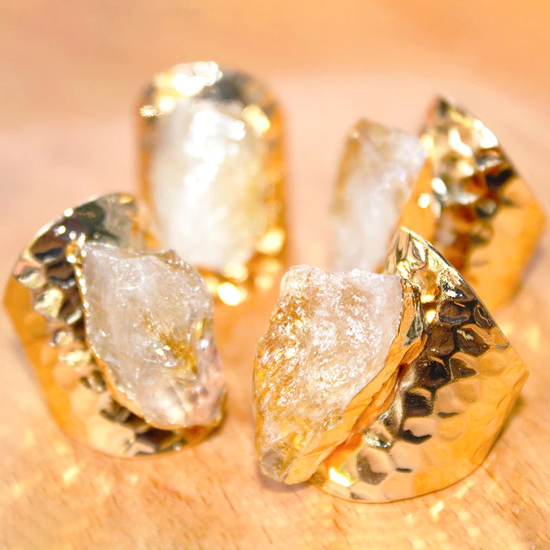 Irregular Raw Citrine Wide Open Rings for Women Gold-color Genuine Stone Adjustable Finger Jewelry